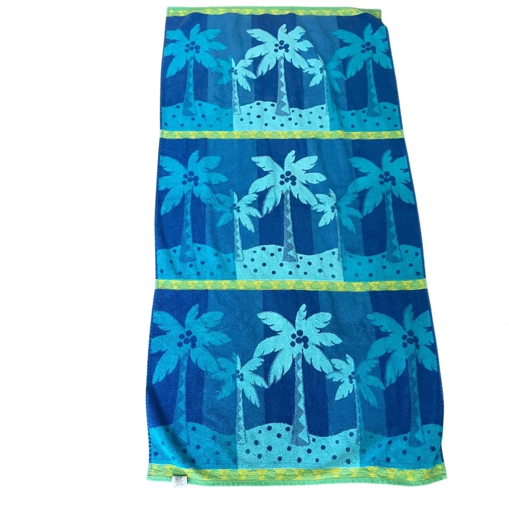 Vintage Welspun Beach Towel 100% Cotton Blue Lime Green 70s Made‎ In India